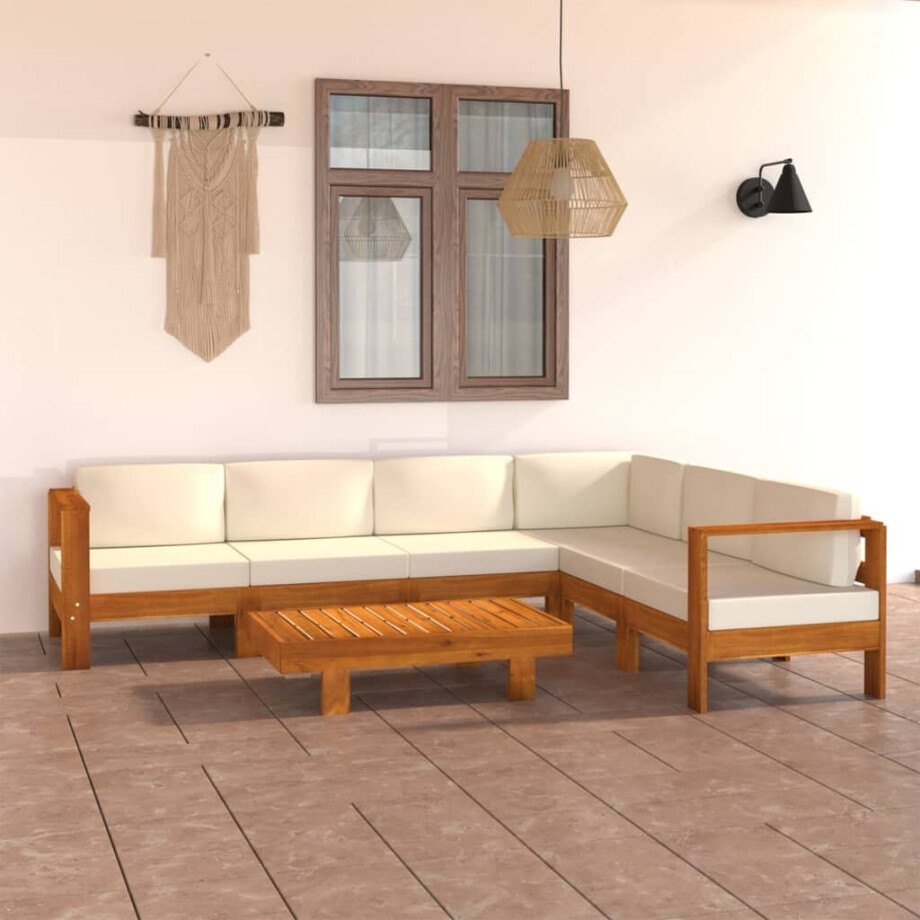 vidaXL 7-delige Loungeset met crèmewitte kussens acaciahout afbeelding 1