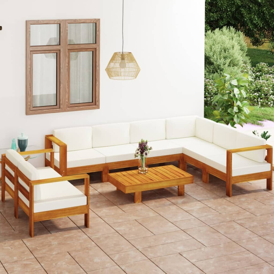 vidaXL 8-delige Loungeset met crèmewitte kussens acaciahout afbeelding 1