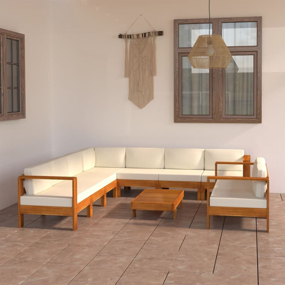 vidaXL 9-delige Loungeset met crèmewitte kussens acaciahout afbeelding 1