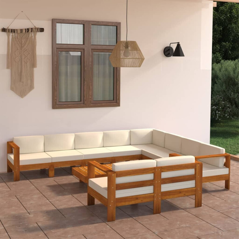 vidaXL 10-delige Loungeset met crèmewitte kussens acaciahout afbeelding 1