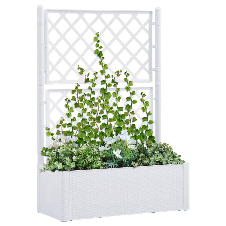 vidaXL Plantenbak hoog met latwerk en zelfbewateringssysteem wit afbeelding 1