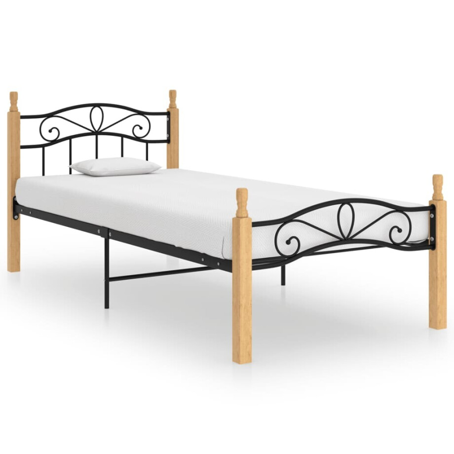 vidaXL Bedframe metaal en massief eikenhout zwart 100x200 cm afbeelding 1