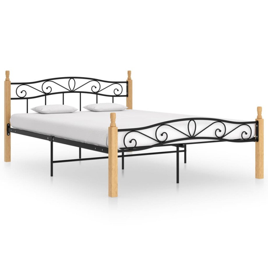 vidaXL Bedframe metaal en massief eikenhout zwart 140x200 cm afbeelding 1