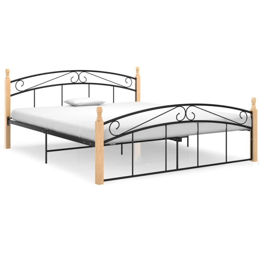 vidaXL Bedframe metaal en massief eikenhout zwart 160x200 cm afbeelding 1