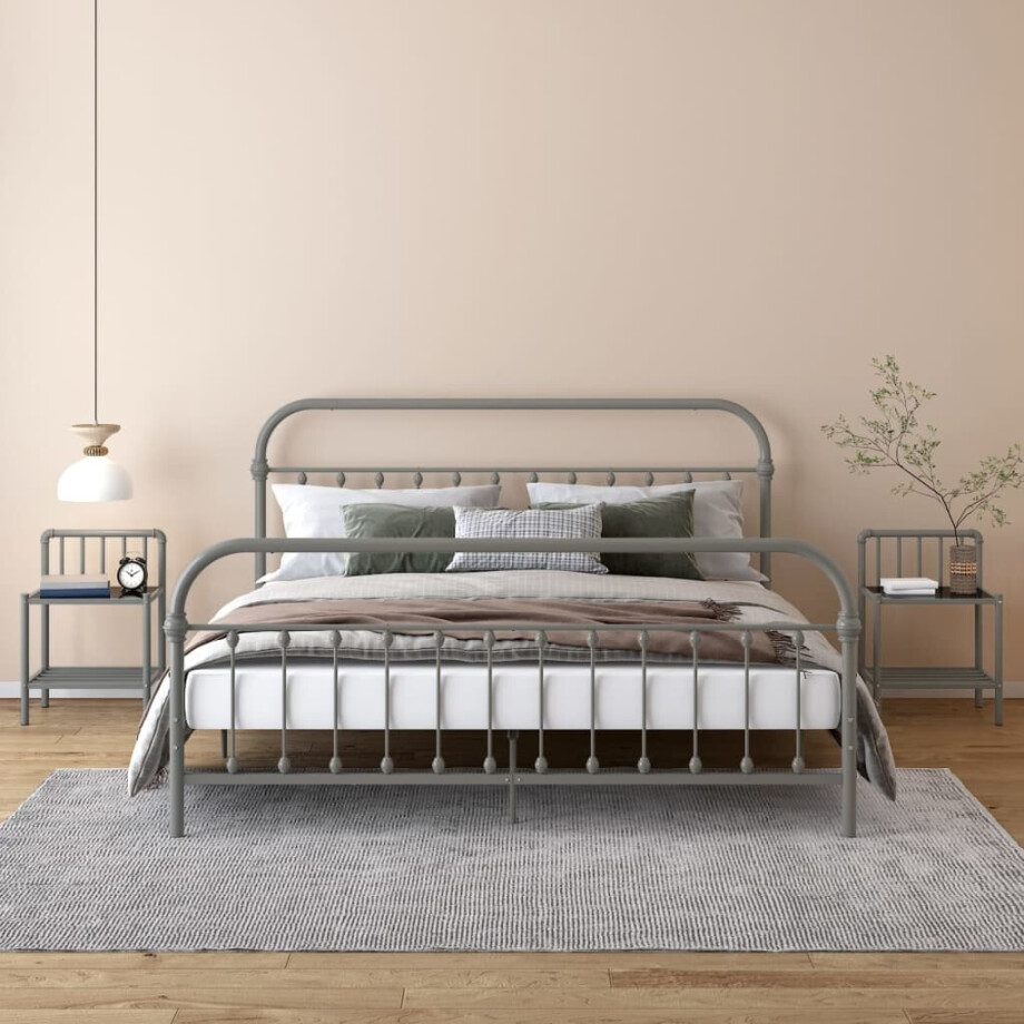 vidaXL Nachtkastjes 2 st metaal en glas grijs en zwart afbeelding 1