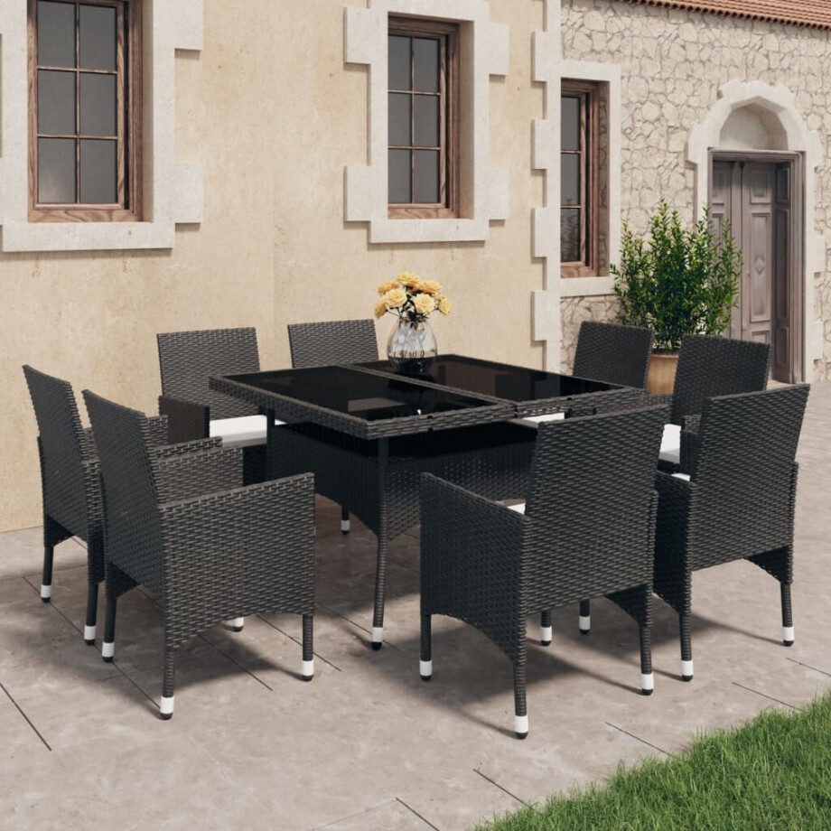 vidaXL 9-delige Tuinset poly rattan en glas zwart afbeelding 1