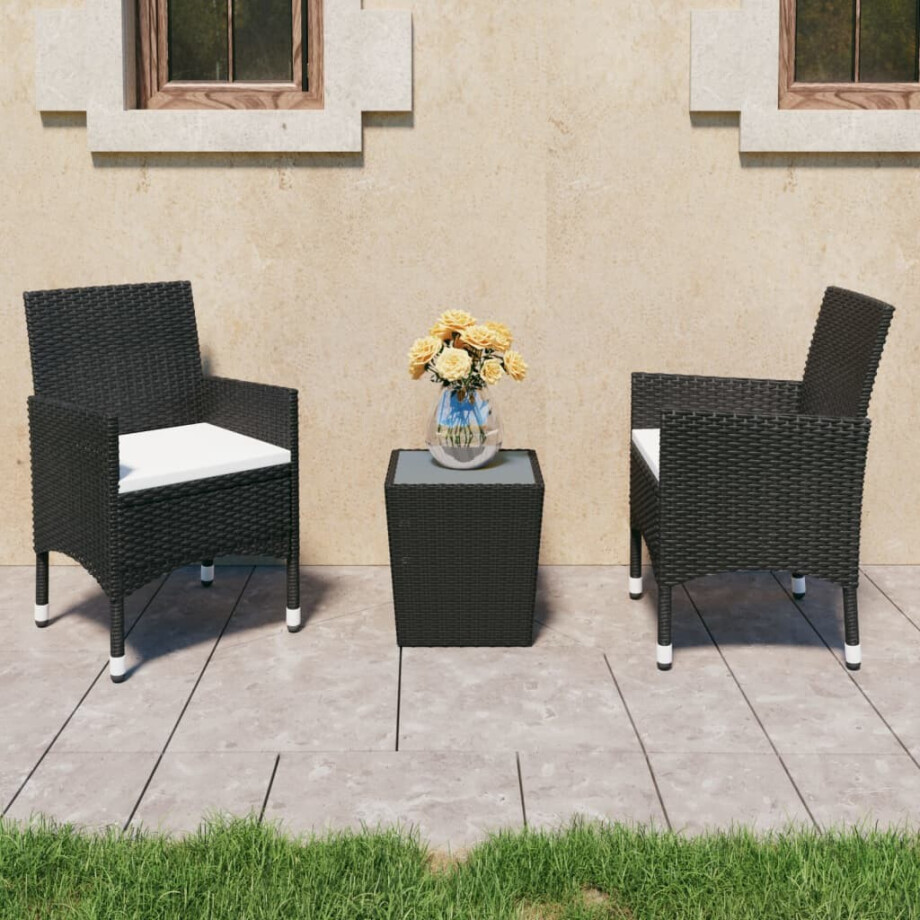 vidaXL 3-delige Bistroset poly rattan en gehard glas zwart vidaXL 3-delige Bistroset poly rattan en gehard glas zwart afbeelding 1