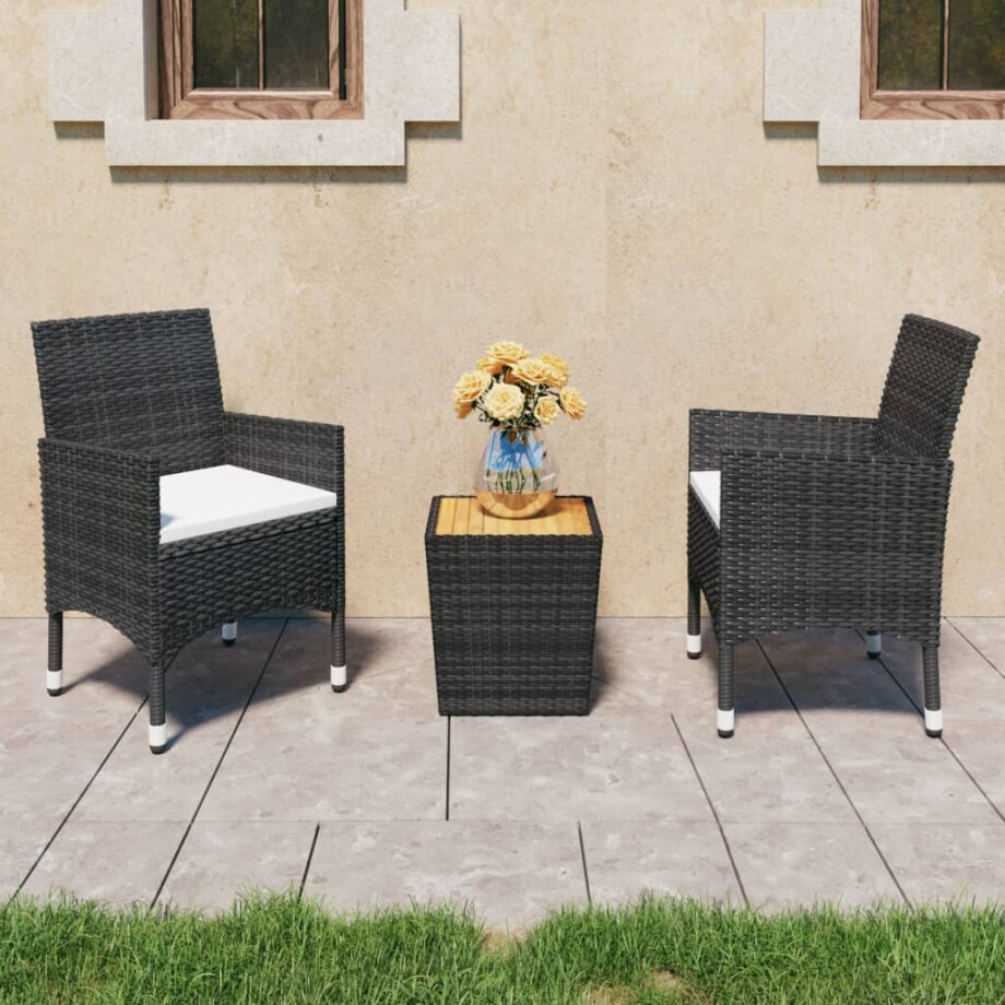 vidaXL 3-delige Bistroset poly rattan en acaciahout zwart afbeelding 1