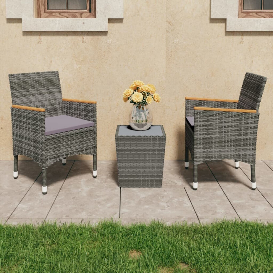 vidaXL 3-delige Bistroset poly rattan en gehard glas grijs vidaXL 3-delige Bistroset poly rattan en gehard glas grijs afbeelding 1
