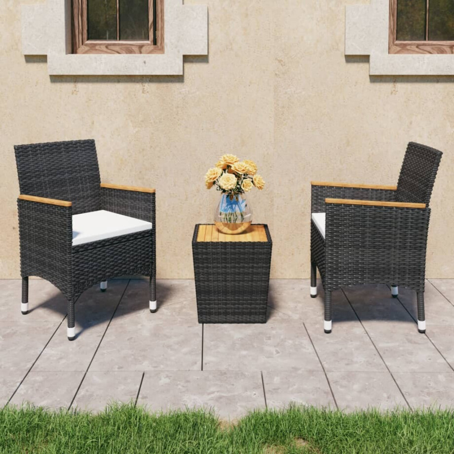 vidaXL 3-delige Bistroset poly rattan en acaciahout zwart vidaXL 3-delige Bistroset poly rattan en acaciahout zwart afbeelding 1