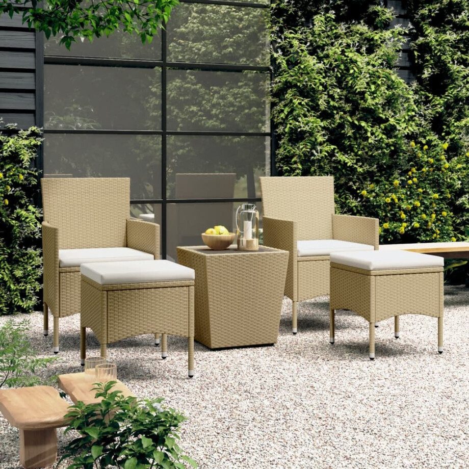 vidaXL 5-delige Bistroset poly rattan en gehard glas beige afbeelding 1