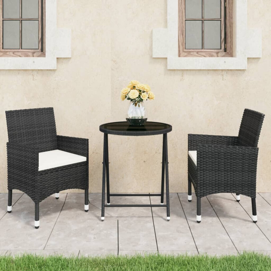 vidaXL 3-delige Bistroset poly rattan en gehard glas zwart vidaXL 3-delige Bistroset poly rattan en gehard glas zwart afbeelding 1