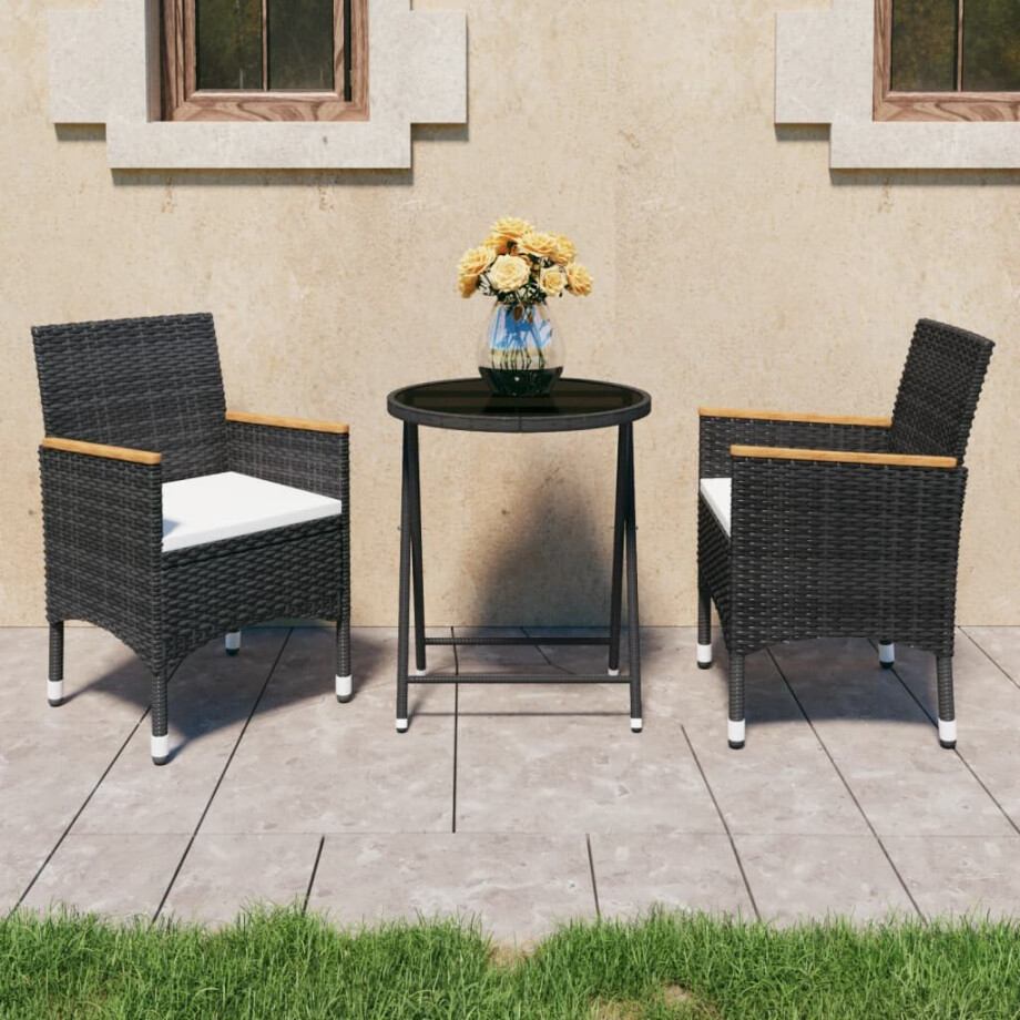 vidaXL 3-delige Bistroset poly rattan en gehard glas zwart vidaXL 3-delige Bistroset poly rattan en gehard glas zwart afbeelding 1
