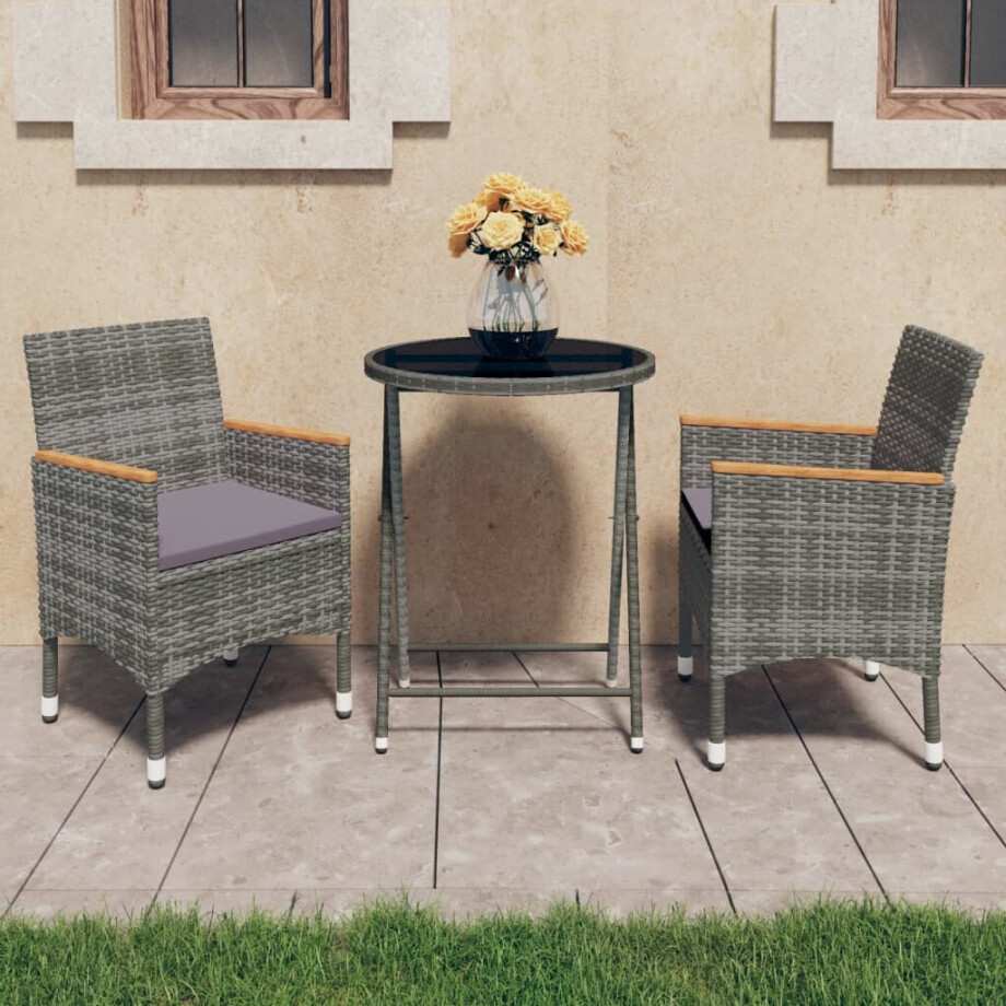 vidaXL 3-delige Bistroset poly rattan en gehard glas grijs vidaXL 3-delige Bistroset poly rattan en gehard glas grijs afbeelding 1