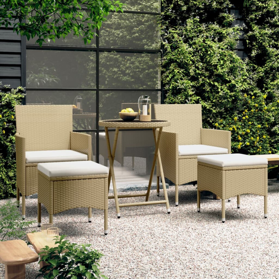 vidaXL 5-delige Bistroset poly rattan en gehard glas beige afbeelding 1