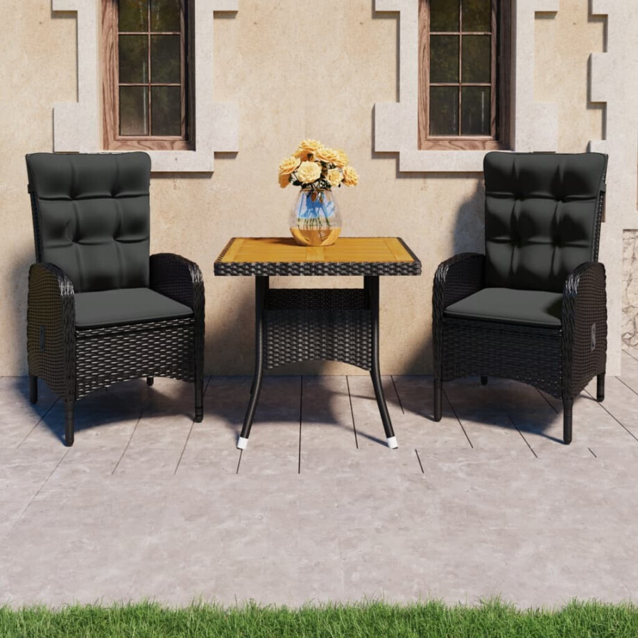 vidaXL 3-delige Tuinset poly rattan en acaciahout zwart afbeelding 1