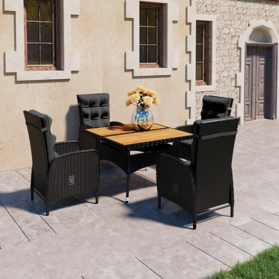 vidaXL 5-delige Tuinset poly rattan en acaciahout zwart afbeelding 1