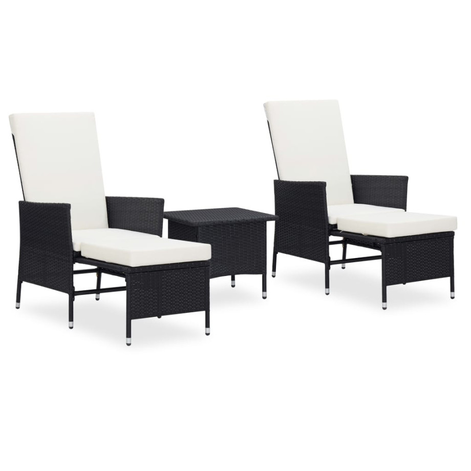 vidaXL 3-delige Loungeset met kussens poly rattan zwart afbeelding 1