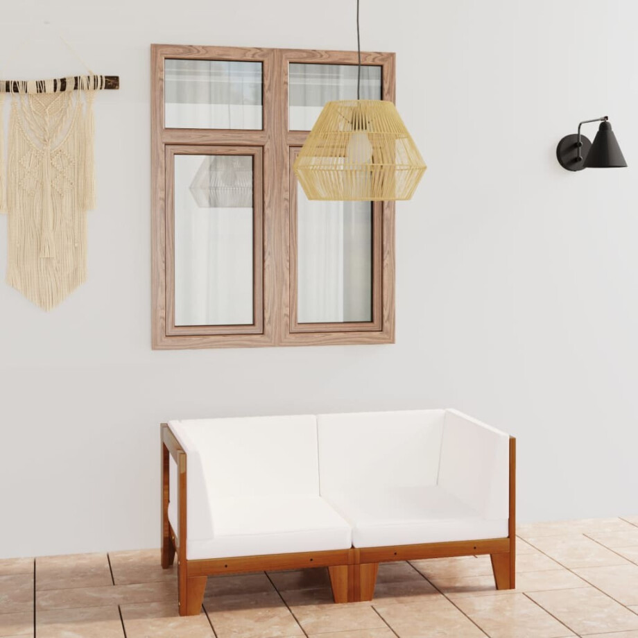 vidaXL Tweezitsbank met crèmewitte kussens massief acaciahout vidaXL Tweezitsbank met crèmewitte kussens massief acaciahout afbeelding 1