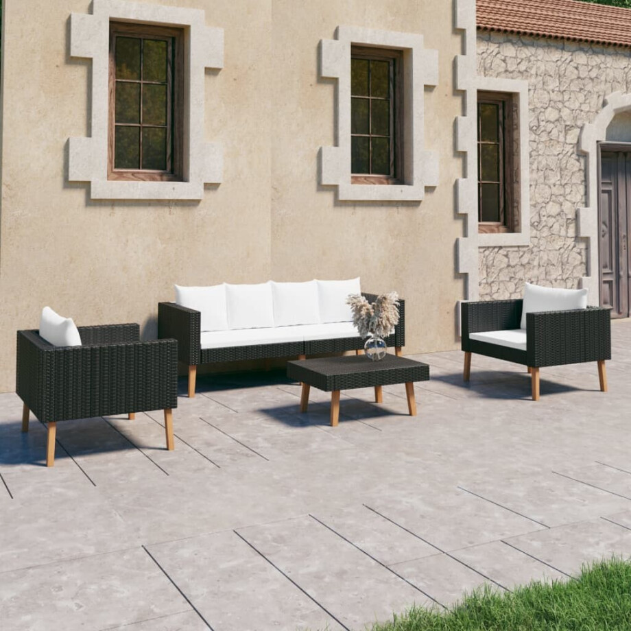 vidaXL 4-delige Loungeset met kussens poly rattan zwart afbeelding 1