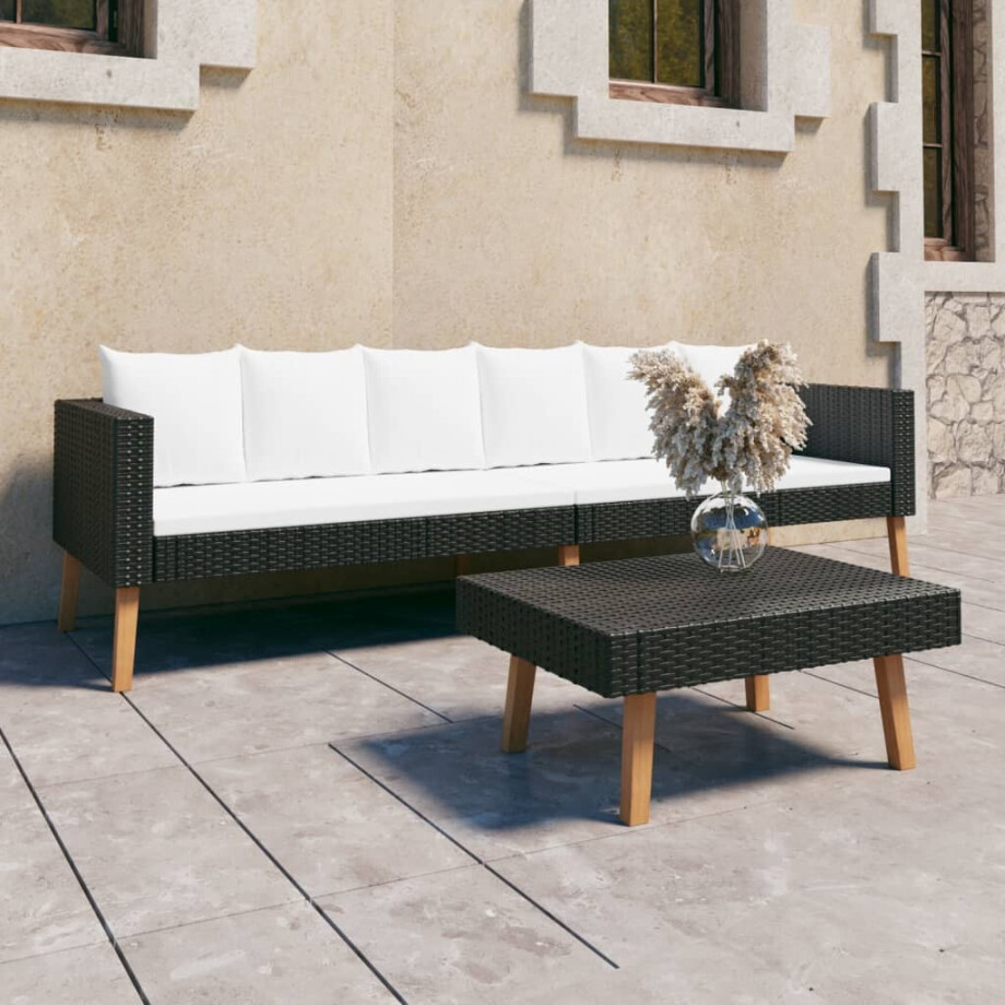 vidaXL 2-delige Loungeset met kussens poly rattan zwart afbeelding 1