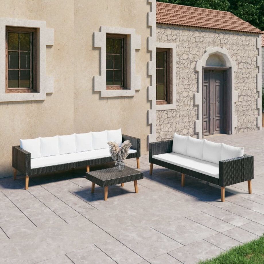 vidaXL 3-delige Loungeset met kussens poly rattan zwart afbeelding 1