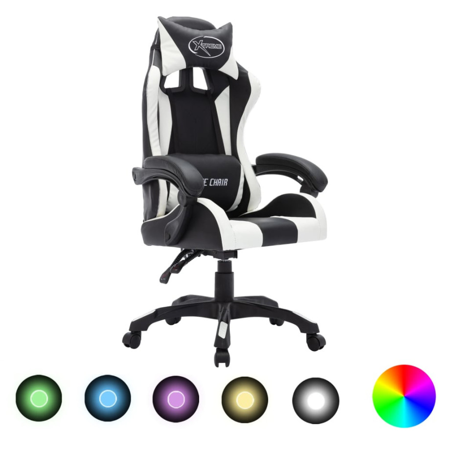 vidaXL Racestoel met RGB LED-verlichting kunstleer wit en zwart afbeelding 1