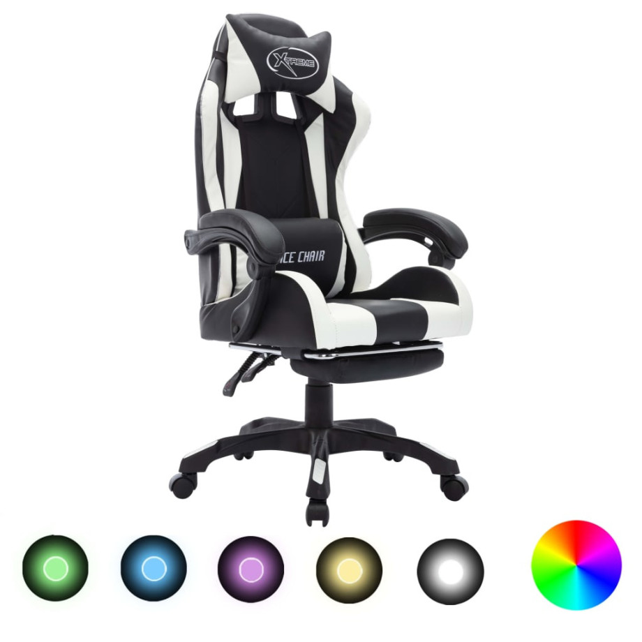 vidaXL Racestoel met RGB LED-verlichting kunstleer wit en zwart afbeelding 1