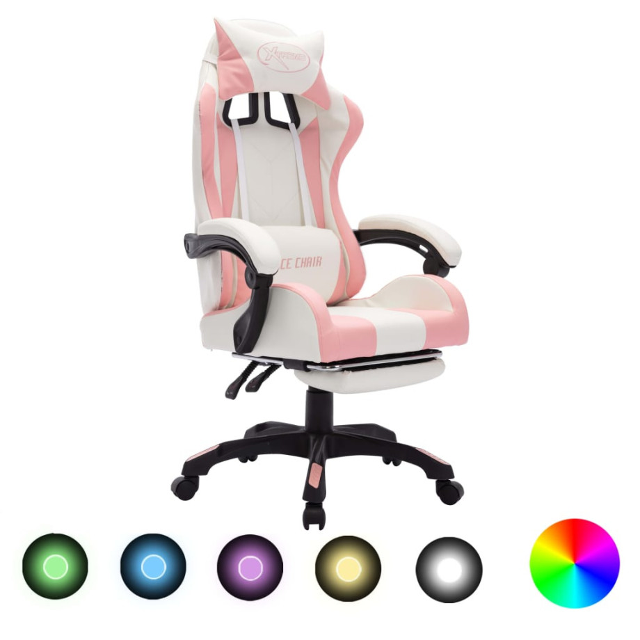vidaXL Racestoel met RGB LED-verlichting kunstleer roze en wit afbeelding 1