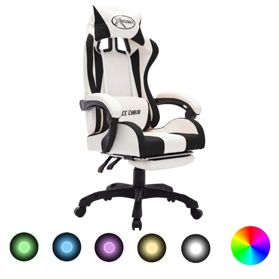 vidaXL Racestoel met RGB LED-verlichting kunstleer zwart en wit afbeelding 1