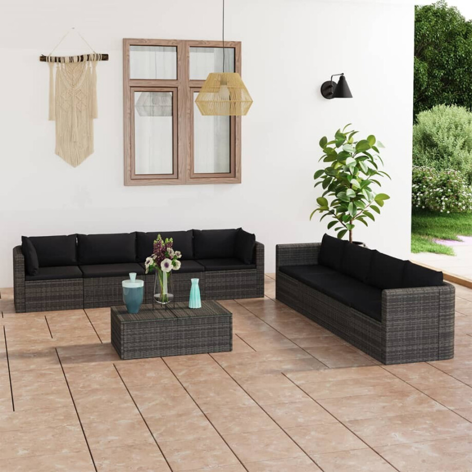 vidaXL 9-delige Loungeset met kussens poly rattan grijs afbeelding 1