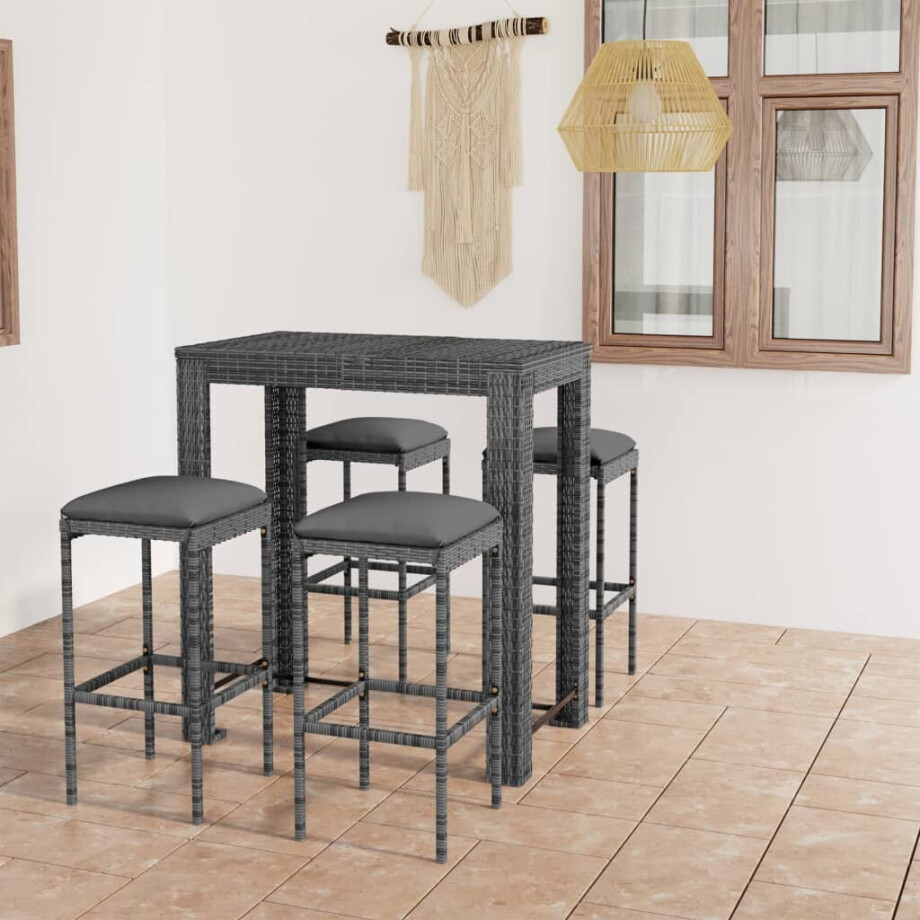 vidaXL 5-delige Tuinbarset met kussens poly rattan grijs afbeelding 1