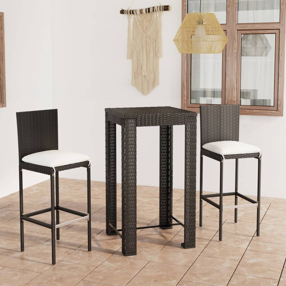 vidaXL 3-delige Tuinbarset met kussens poly rattan zwart afbeelding 1