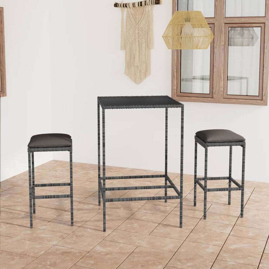 vidaXL 3-delige Tuinbarset met kussens poly rattan grijs vidaXL 3-delige Tuinbarset met kussens poly rattan grijs afbeelding 1