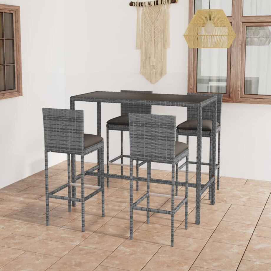 vidaXL 5-delige Tuinbarset met kussens poly rattan grijs afbeelding 1