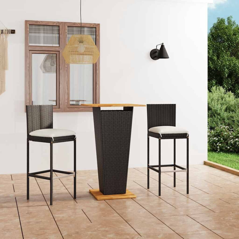 vidaXL 3-delige Tuinbarset met kussens poly rattan zwart afbeelding 1
