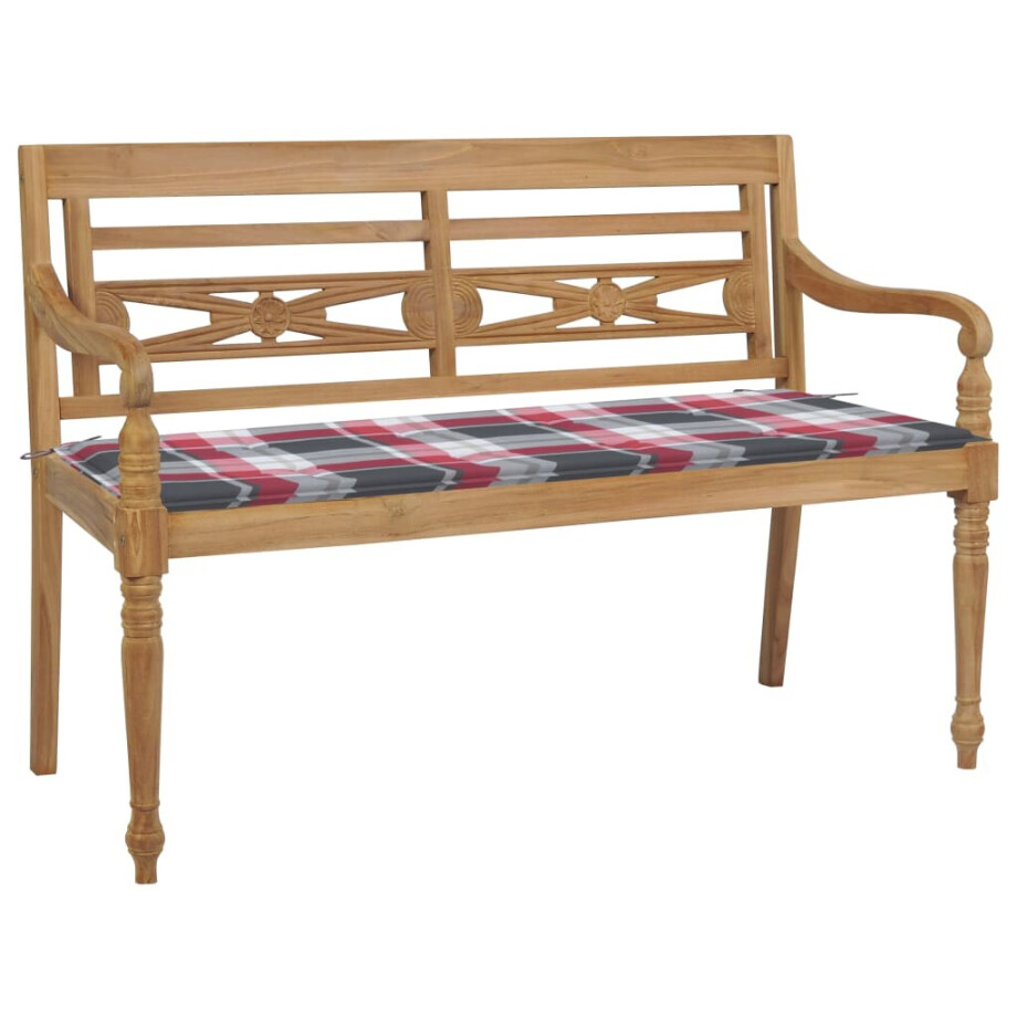 vidaXL Bank Batavia met rood geruit kussen 120 cm massief teakhout afbeelding 1