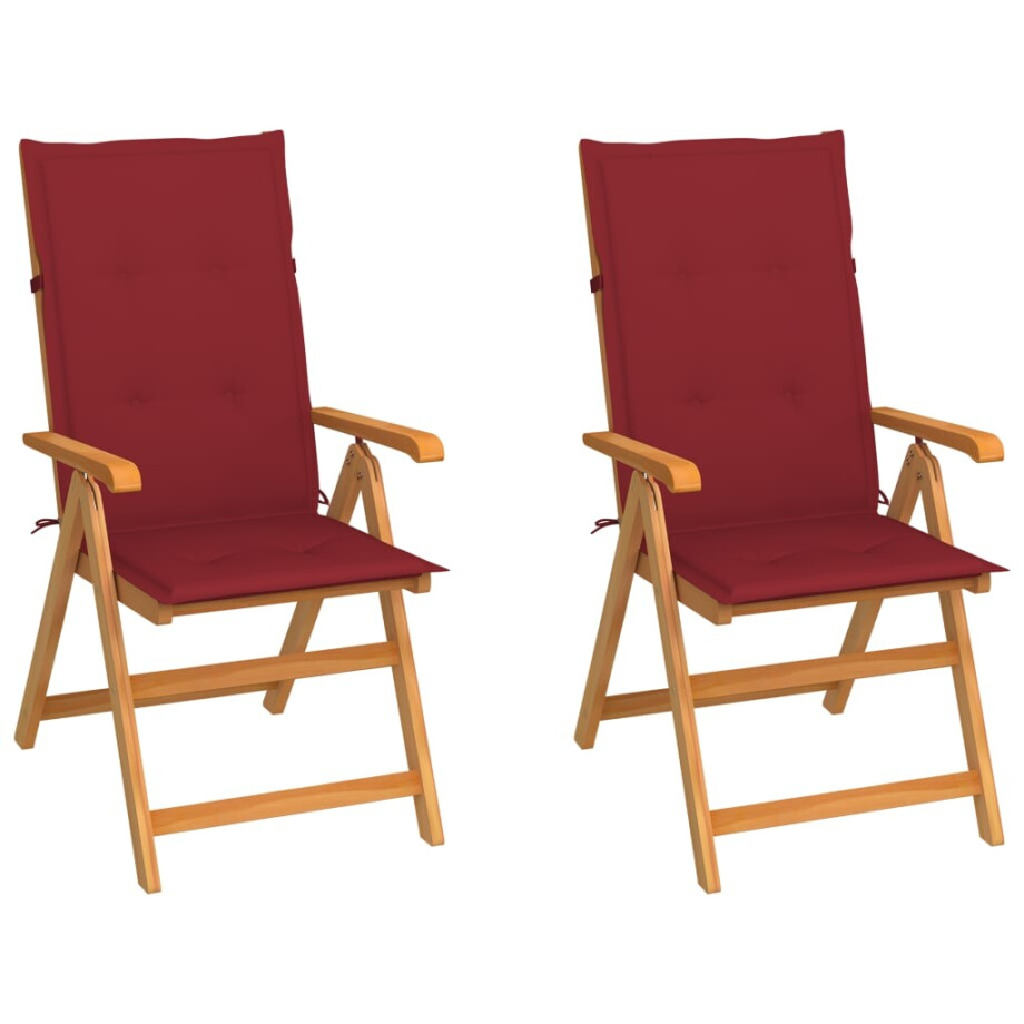 vidaXL Tuinstoelen 2 st met wijnrode kussens massief teakhout afbeelding 1