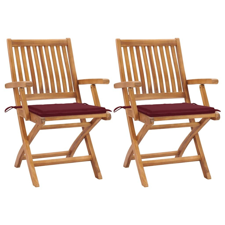 vidaXL Tuinstoelen 2 st met wijnrode kussens massief teakhout afbeelding 1