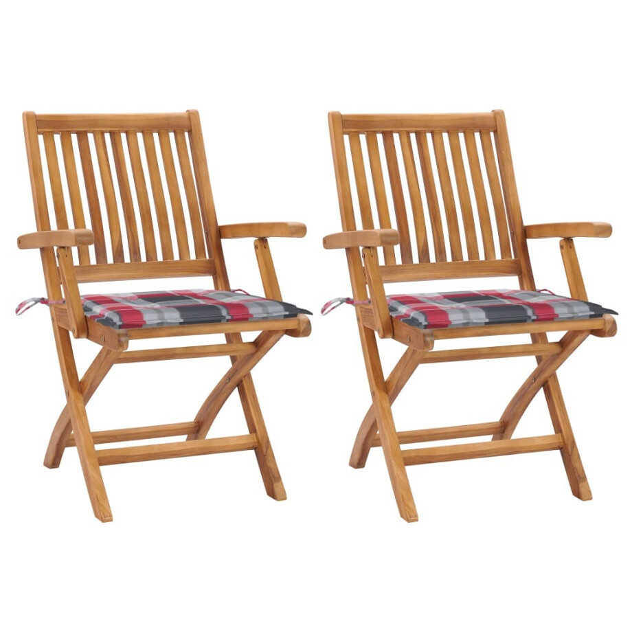 vidaXL Tuinstoelen 2 st met rood geruite kussens massief teakhout afbeelding 1