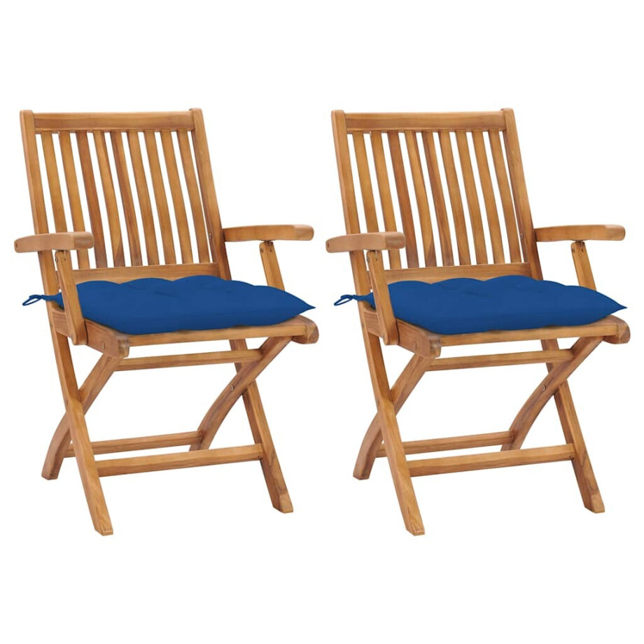 vidaXL Set van 2 klapstoelen met blauwe kussens, gemaakt van massief teakhout. vidaXL Set van 2 klapstoelen met blauwe kussens, gemaakt van massief teakhout. afbeelding 1