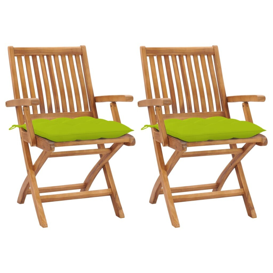 vidaXL Tuinstoelen 2 st met heldergroene kussens massief teakhout afbeelding 1