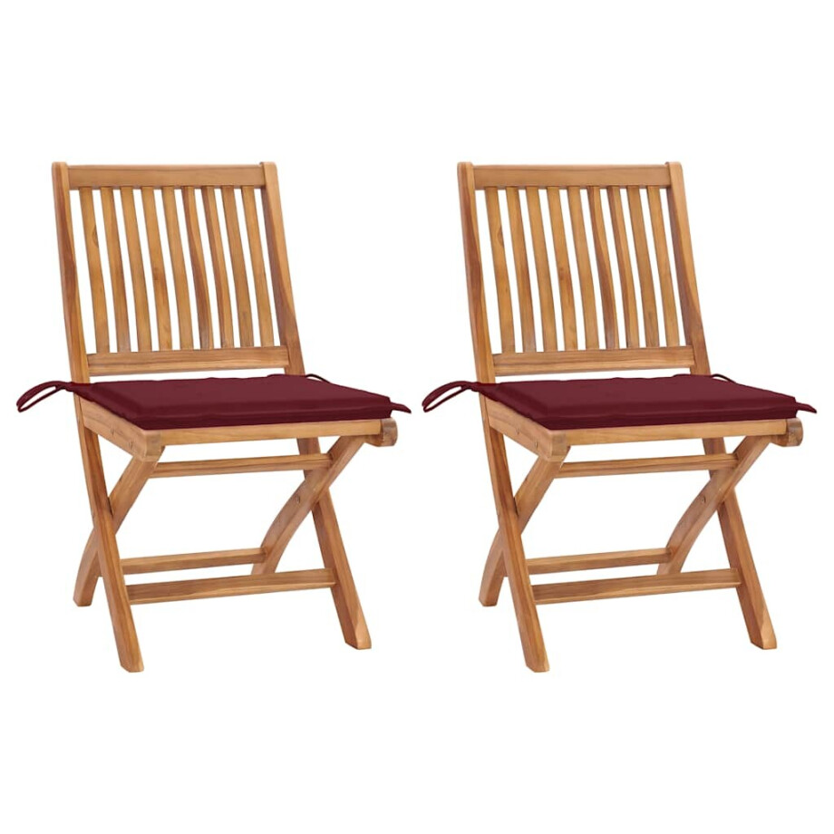 vidaXL Tuinstoelen 2 st met wijnrode kussens massief teakhout afbeelding 1