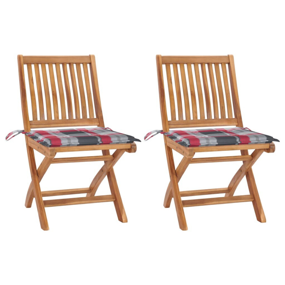 vidaXL Tuinstoelen 2 st met rood geruite kussens massief teakhout afbeelding 1