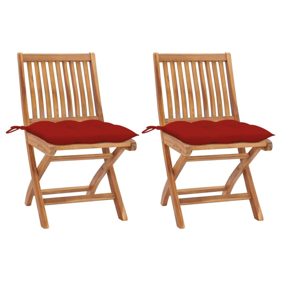 vidaXL Tuinstoelen 2 st met rode kussens massief teakhout afbeelding 1