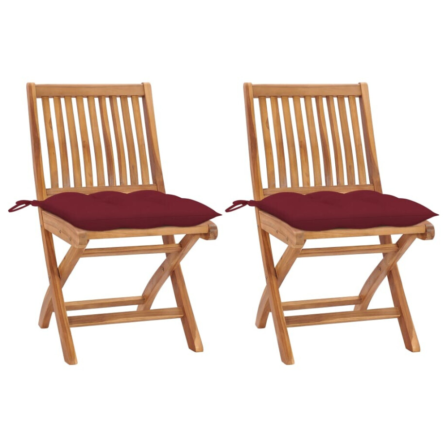 vidaXL Tuinstoelen 2 st met wijnrode kussens massief teakhout afbeelding 1