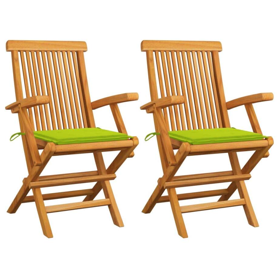 vidaXL Tuinstoelen 2 st met heldergroene kussens massief teakhout afbeelding 1