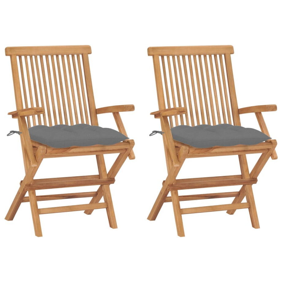 vidaXL Tuinstoelen 2 st met grijze kussens massief teakhout afbeelding 1