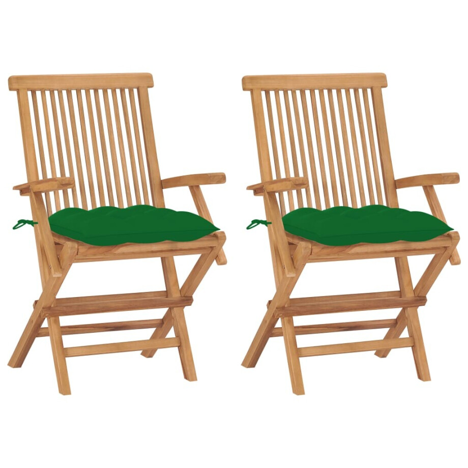 vidaXL Tuinstoelen 2 st met groene kussens massief teakhout afbeelding 1