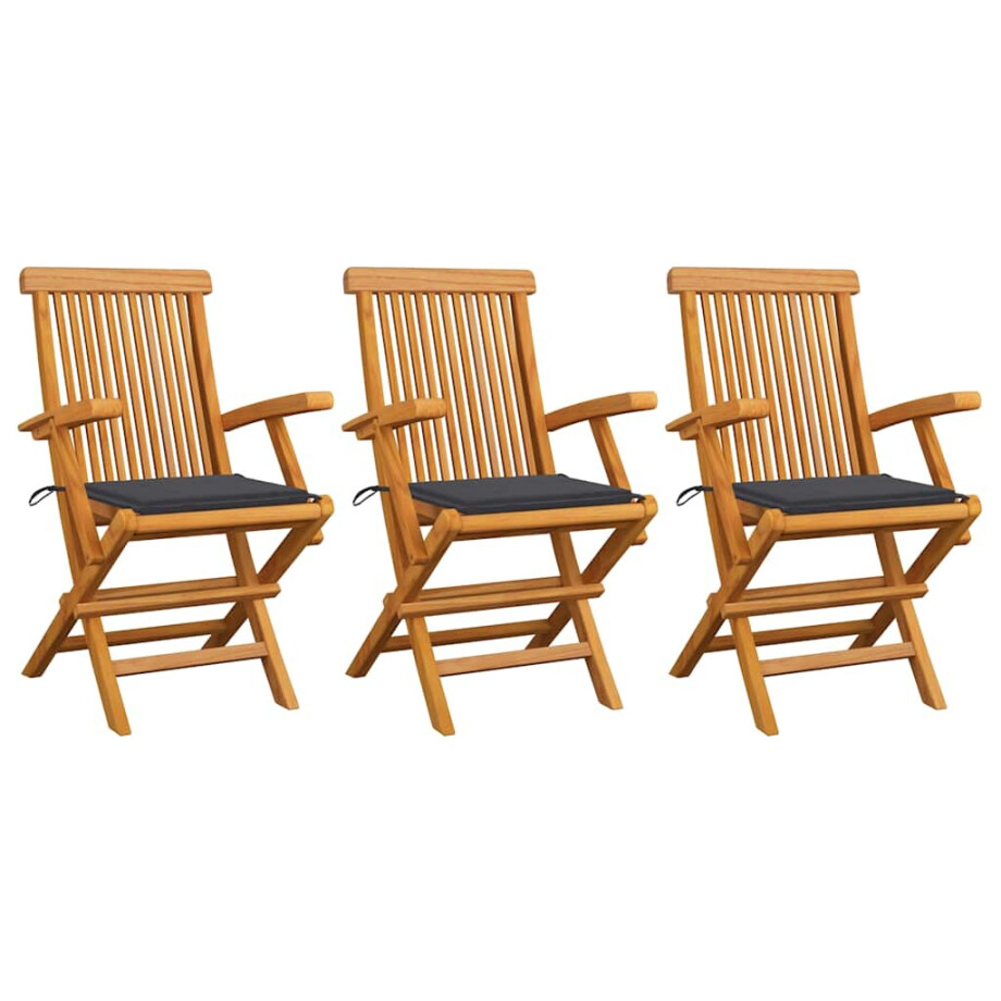 vidaXL Tuinstoelen 3 st met antracietkleurige kussens massief teakhout afbeelding 1